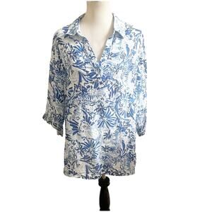Cynthia Rowley Popover 100% Linen Tunic Plus Size 1X Blue Floral Button Sides